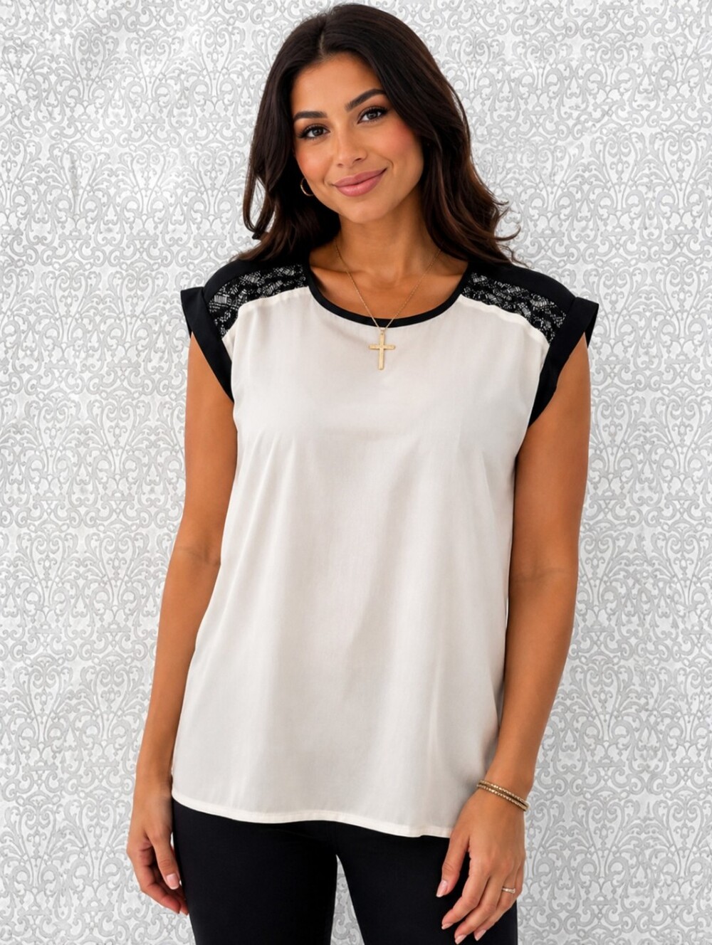 Closet Black and Cream Lace-Yoke Cap Sleeve Blouse